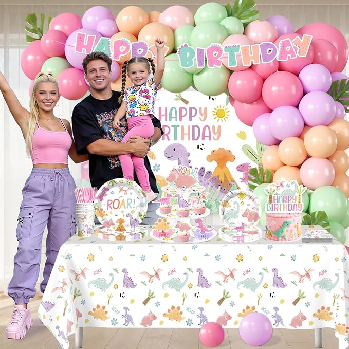 293pcs Pink Dinosaur Birthday Decorations for Girl, Worry-free One-stop Set for 25 Guests, with Dinosaur Balloon Arch, Plates and Dino Cupcake Stand, Easy Setup for Dinosaur-Themed Party