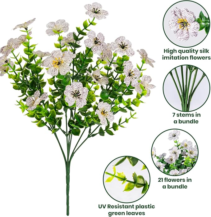 Lnoicy 20 Bundles Artificial Flowers for Outdoor Fake Plants for Spring Decoration,Faux Eucalyptus Flowers for Planter UV Resistant Lifelike for Home Porch Garden（White）