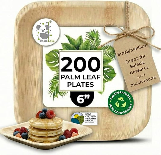 Palm Leaf Plate Bamboo Paper Disposable 6 Inch 200 Bulk Appetizer and Dessert Square Party Pack Eco Biodegradable Compostable Wooden Plate Better Than Plastic By KoalaLove