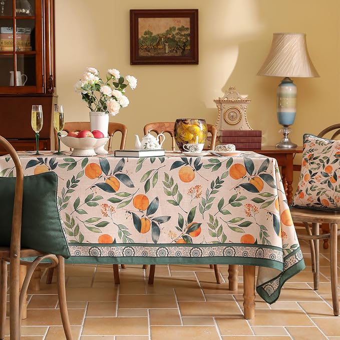 patdrea Designer French Linen Tablecloth,Rectangular,87"x55"-Palladin A | Colorful Elegant Table Cloth for Rectangle Table,Orange Floral Patterned,for Dining Room Tea Party Thanksgiving