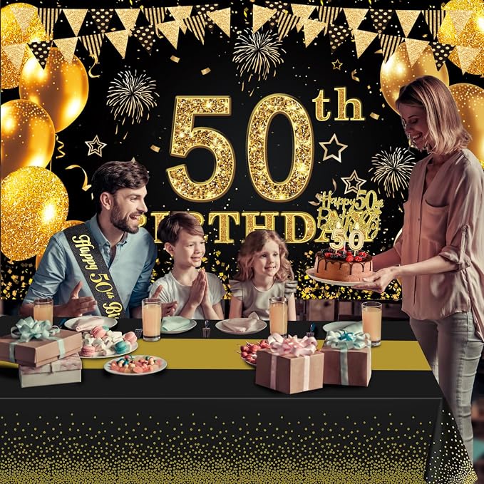 50th Birthday Decorations Men Women with 50th Birthday Banner, Black and Gold Table Cloth, Number Balloons, Large Sash, Cake Topper and Candles