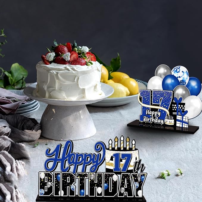 LINGTEER Happy 17th Birthday Blue Acrylic Table Topper Centerpieces Set - Cheers to Seventeen Years Old Birthday 17th Bday Party Gift Decorations.