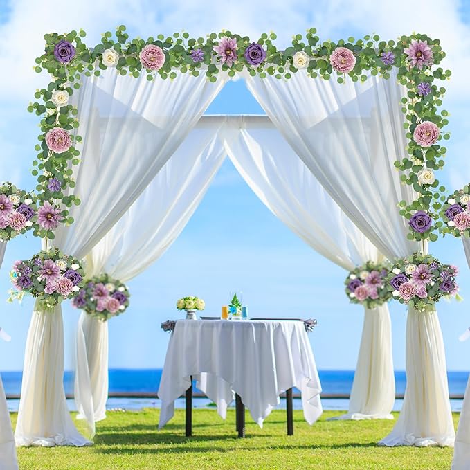 4 Pack 5.9 FT Artificial Flower Garland with Butterflies Fake Rose Garland Faux Greenery Eucalyptus Garlands for Wedding Table Backdrop Arch Centerpieces Decorations - Light Purple & Purple