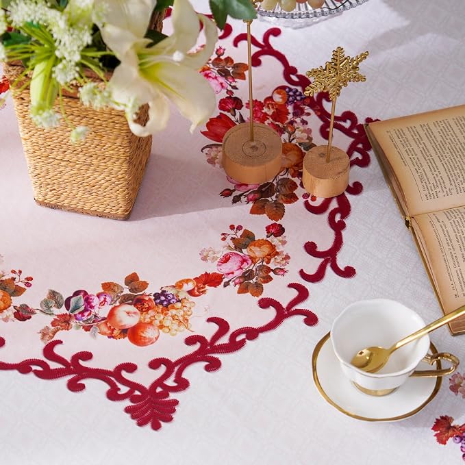 ARTABLE Round Tablecloth Lace Rustic Macrame Embroidered Table Cloths for Harvest Dresser Decor Farmhouse Kitchen Home (Burgundy, 90" Round)