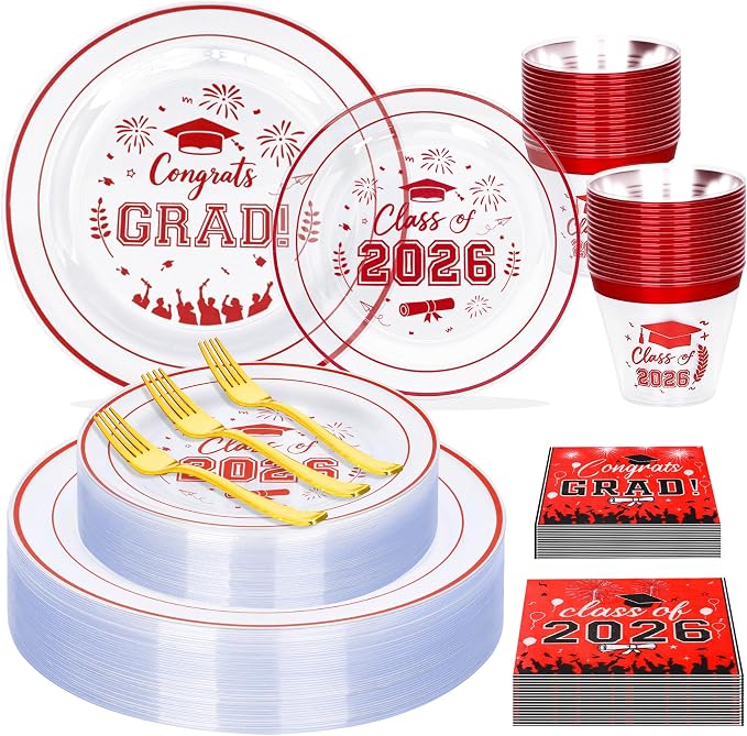 150 Pcs 2026 Graduation Plastic Plates with Disposable Silverware Serves 30 Guests, Red Clear Graduation Disposable Plates Including 30 Dinner&Dessert Plates, Cups, Napkins, Gold Forks for Party