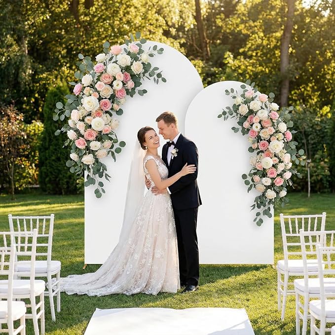 Arttown Arch Backdrop Stand and Cover Set 7.2FT and 6FT Wedding Arch Backdrop Stands and Matching White Cover Set Suitable for Wedding Celebration Birthday Party Graduation Ceremony Event Decoration
