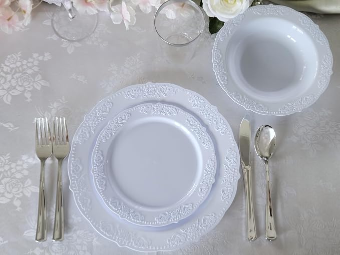 OCCASIONS 240 Fancy Blue Plastic Plates (120 Guests) - Heavy Duty Scalloped Dinnerware Set for Wedding Party, China-Like Look, BPA Free, 10.25" Dinner + 7.5" Salad/Dessert (Portofino Plain Blue)