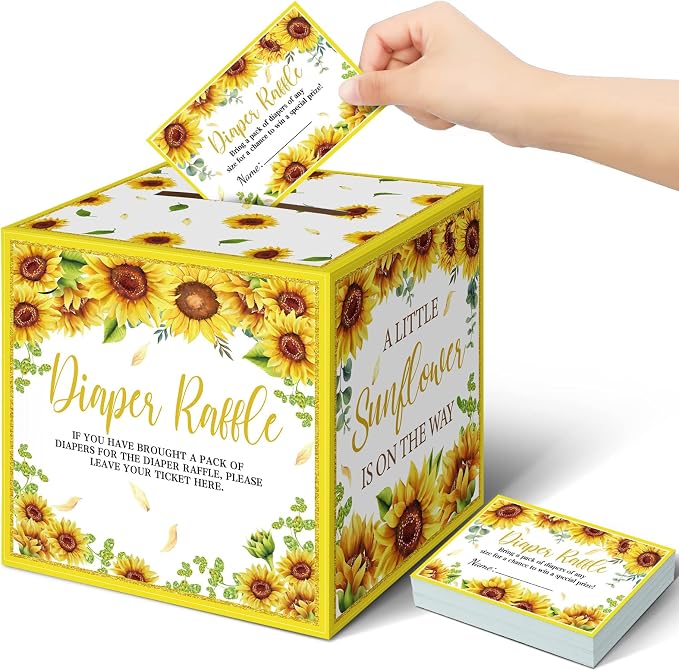 Teling 51 Pieces Diaper Raffle Tickets with Card Box Baby Shower Decorations Baby Shower Holder Box for Girl Boy Diaper Raffle Party(Sunflower)