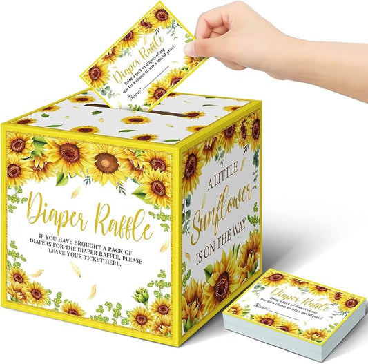Teling 51 Pieces Diaper Raffle Tickets with Card Box Baby Shower Decorations Baby Shower Holder Box for Girl Boy Diaper Raffle Party(Sunflower)