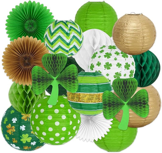 JarThenaAMCS 18Pcs St. Patrick's Day Paper Lanterns Party Decoration Set Green Gold White Hanging Lantern with Honeycomb Ball Shamrock Clover Paper Fans for Irish Holiday Home Supplies