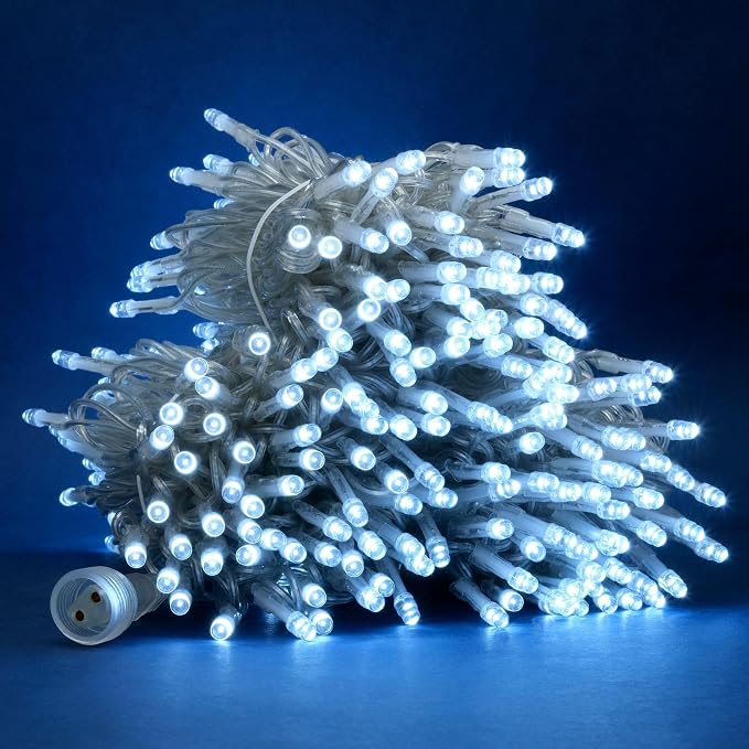 YULETIME 300 Cool White String Lights, 100 ft Clear Wire 8 Models 5mm LED | Wide Angle Bulbs, Safe 29V Adapter, Multimode Lighting, Connectable, 100' Total Length, 1-Strand 300 Lights, 4" Spacing