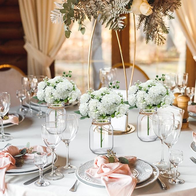 XunYee 10 Set Mason Jar Table Centerpiece with Flower Mason Jar Flower Centerpiece Vases Decor for Engagement Party Bridal Shower Wedding Reception Table Decor(White,Hydrangea)