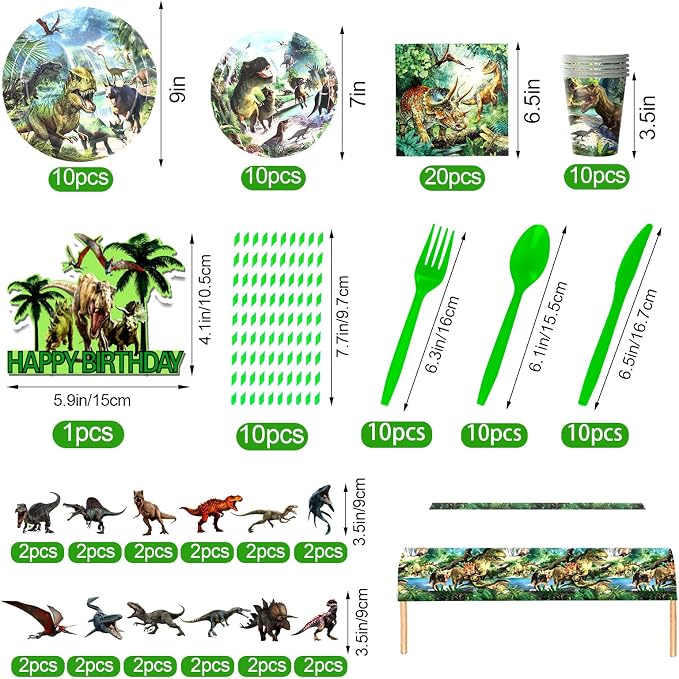 Dinosaur Birthday Decorations, Dino Theme Party Supplies&Decorations Set Include Banner Tablecloth Balloons Cake Toppers Plate Napkin for Kids Party