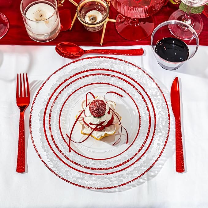 Ciaell 350 PCS Clear and Red Plastic Plates – Red Dinnerware Set for 50 Guests Include 100 Plastic Plates, 50 Pre Rolled Napkins with Cutlery Set, 50 Cups for Wedding & Party & Mother's Day