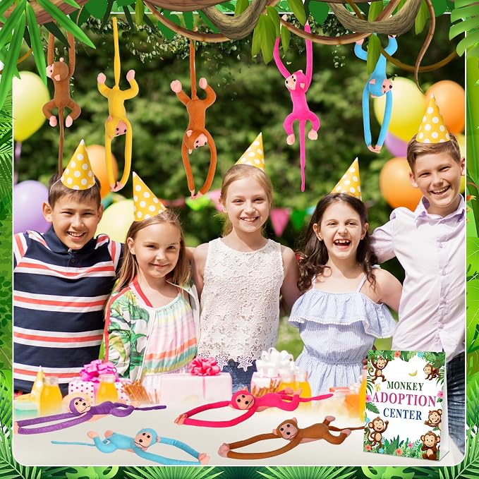 25 Pcs Adopt a Hanging Monkey Plush Party Supplies Jungle Animal Include 12 Plush Safari Animal 12 Adopt Cards 1 Adopt Sign for Adopt A Pet Party (Monkey, 12 Set)