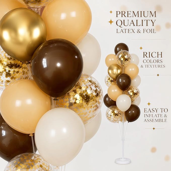 Hiins Balloon Column Kit Set of 2 With Balloons Included - with Base,Pole,Balloon Tower Backdrop Decoration for Wedding, Baby Shower,Birthday Party,Bachelorette Parties (3xCoffee Brown Gold)