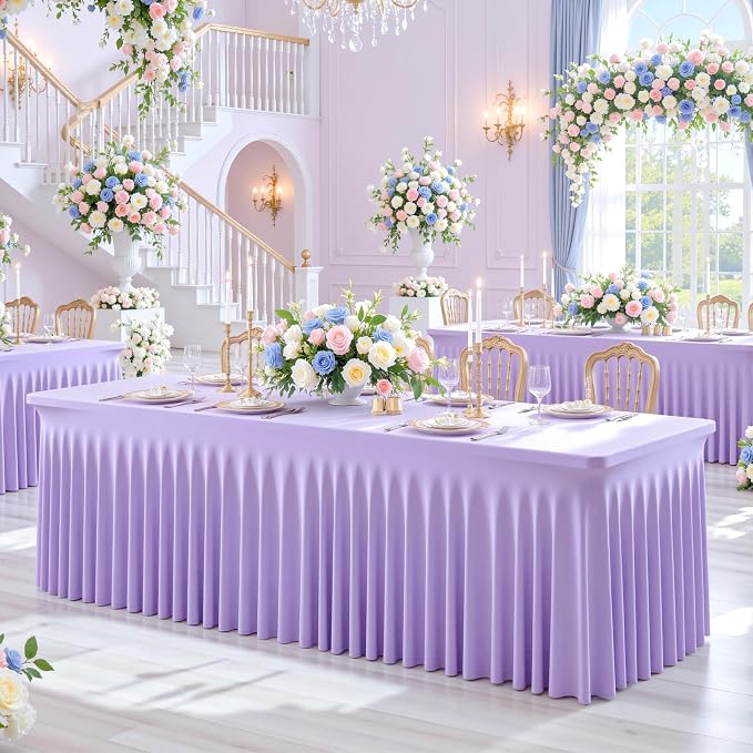 Suppromo 6 Pack 6ft Lavender Spandex Table Cloths for Rectangle Tables Wrinkle Free Light Purple Rectangle Tablecloths Stretch Fitted Table Cover for Birthday Party Wedding Banquet Baby Shower Buffet