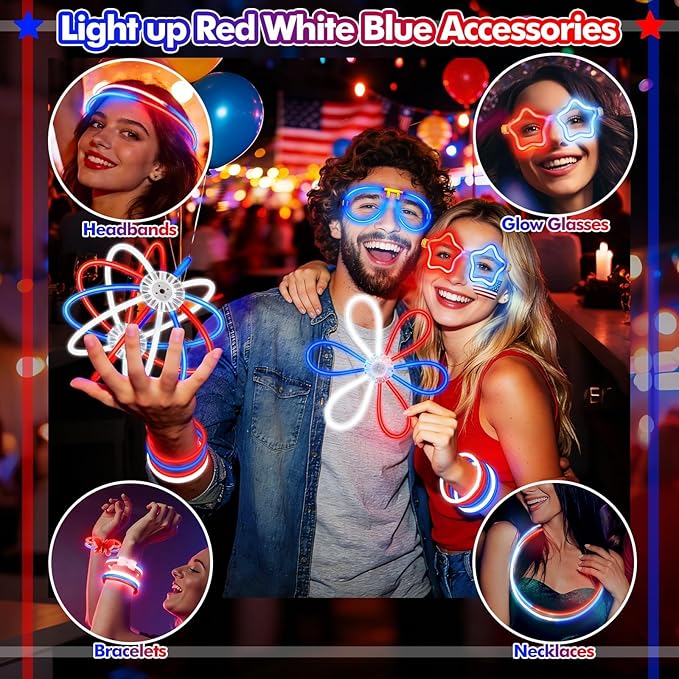 BUDI 467Pcs 4th of July Accessories Glow Sticks: Red White Blue Glow in the Dark Patriotic Party Favors Necklace Bracelets Glasses for Kids Adults 210 GlowSticks 8“ with 257 Connectors Light Up Toys