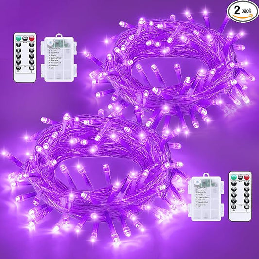 QITONG 2 Pack Battery Operated String Lights, Each 33ft 100 LED Purple Halloween Lights Outdoor Waterproof, 8 Modes Clear Wire Christmas Twinkle Fairy Lights Indoor with Remote