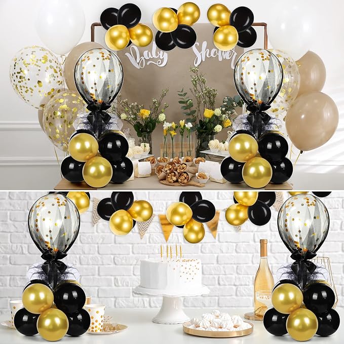 BBTO 8 Set Gold Black Table Centerpieces Balloons Stand Kit, Latex Balloons and Table Stand Holder with Base Tulle for Wedding Birthday Grad Prom Centerpieces Party Back to School Baby Shower