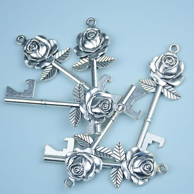 50 Set Skeleton Rose Key Bottle Openers with Candy Box In Antique Vintage Style Escort Tags French Ribbon As A Gift Souvenir At Wedding Party Supplies (Antique Silver)