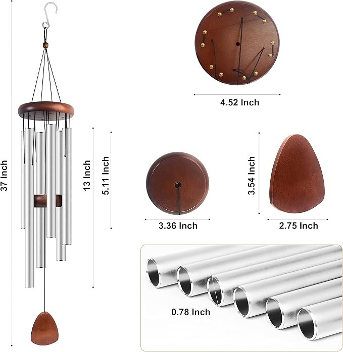 Bursvik Large Aluminium Wind Chimes 37 Inches to Create a Zen Atmosphere Suitable for Outdoor, Garden, Patio Decoration. Classic Wind Chimes with Wind Catcher Suitable as A Gift for Unisex(Silver)