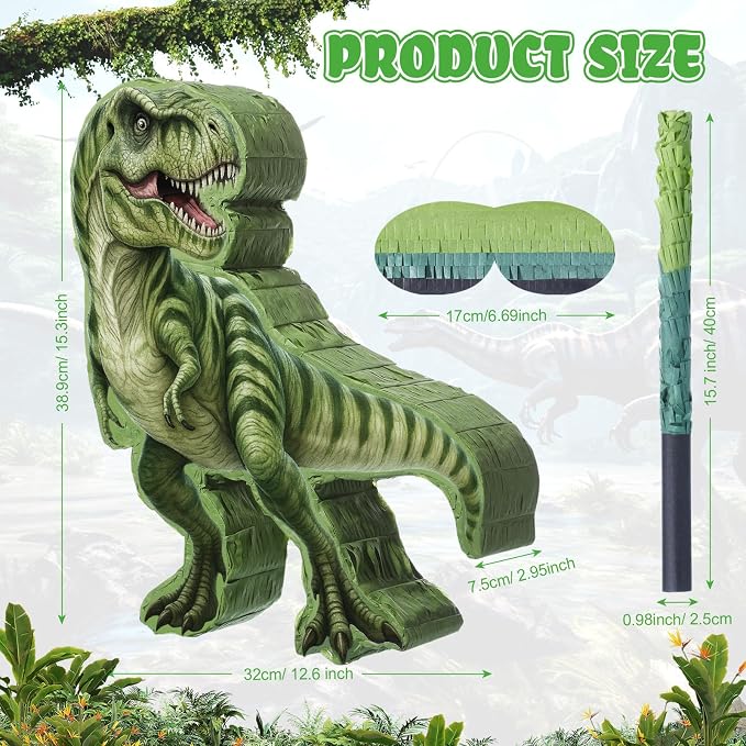 Dinosaur Piñata Set Dino Themed Piñata with Stick and Blindfold Girls Dinosaur Birthday Party for Animal Theme Party Decoration Baby Shower Game Supplies (Green Dino)