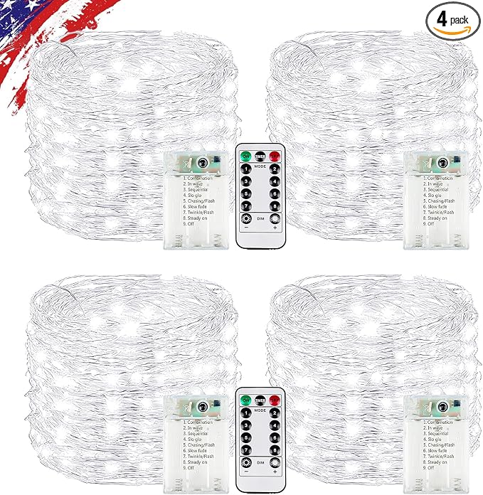 4 Pack White Fairy Lights Battery Operated with Remote, Waterproof 20FT 60LED Cuttable Twinkle Lights with Timer Indoor Outdoor, String Light for Bedroom, Classroom, Wedding, DIY, Christmas Décor