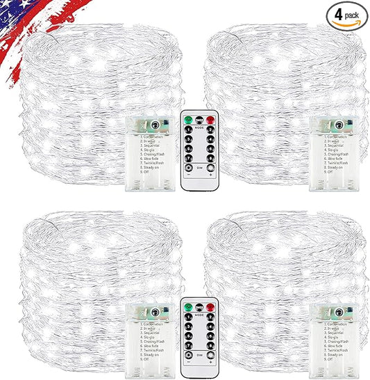 4 Pack White Fairy Lights Battery Operated with Remote, Waterproof 20FT 60LED Cuttable Twinkle Lights with Timer Indoor Outdoor, String Light for Bedroom, Classroom, Wedding, DIY, Christmas Décor