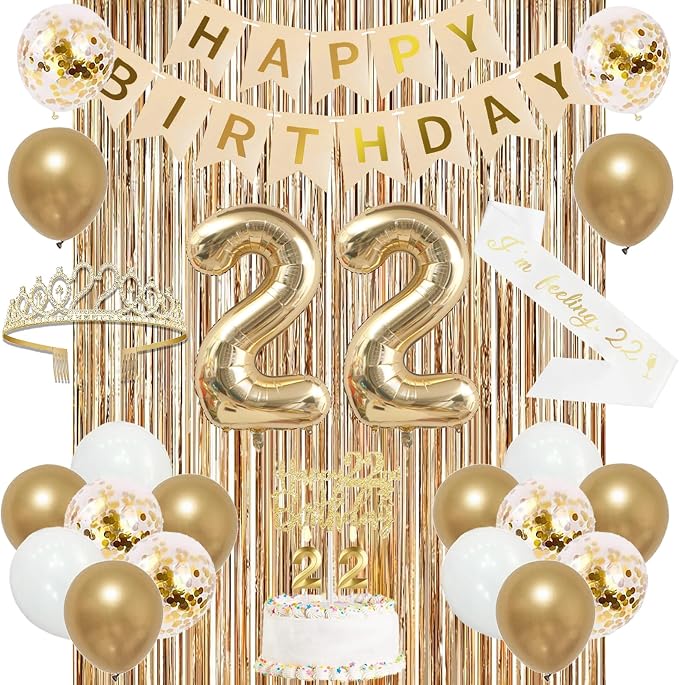 Trgowaul 22nd Birthday Decorations for her, Champagne Gold Happy 22nd Birthday Supplies for Girls, 22 Sash and Crown, Banner, Fringe Curtains, Cake Topper, 22 Year Old Party Supplies Set