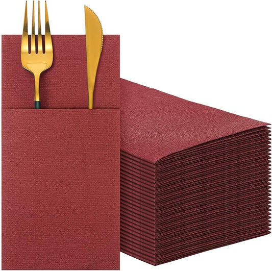 Cindeer 150 Pcs Burgundy Linen Dinner Feel Napkins with Built in Flatware Pocket Prefolded Paper Disposable Airlaid Guest Hand Towel for Silverware Wedding Reception Christmas Baby Shower