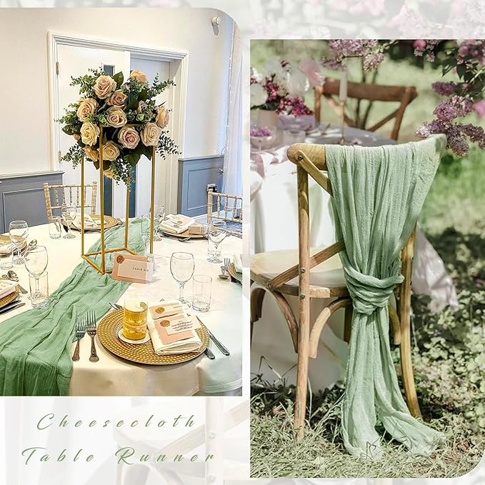 10FT Sage Green Cheesecloth Table Runner 35 x 120 Inches Long Runner for Tables Gauze Fabric Boho Table Runner Decoration Rustic Sheer Runner for Wedding Baby Shower Birthday Party (Sage Green)