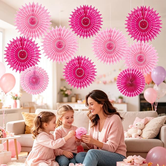 SUNBEAUTY Hanging Honeycomb Paper Fans, 12Pcs Hot Pink Hanging Tissue Paper Flowers Party Decorations for Wall, Pink Birthday Paper Decor for Baby Shower, Graduations, Bachelorette, Wedding, Room