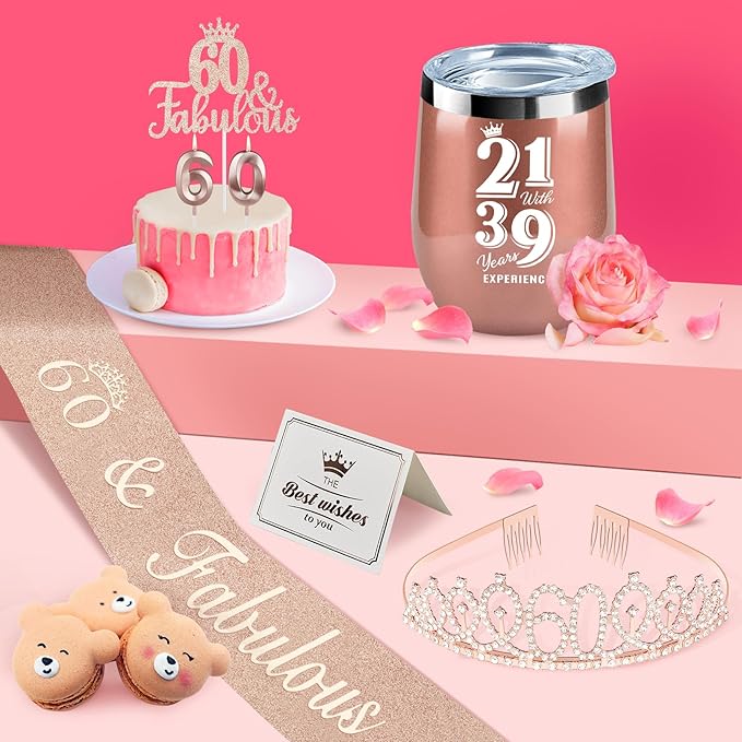 60th Birthday Decorations Gifts for Women Including Crown, Sash, Cake Topper, Candles and 12oz Wine or Coffee Tumbler Mug with Lid, Gifts for 60 Year Old Woman