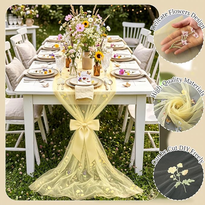 Lounsweer 3 Pcs Yellow Wildflower Table Runner 10ft Embroidery Tulle Spring Floral Table Runner Seasonal Summer Butterfly Kitchen Dining Gauze Decoration for Wedding Baby Shower Birthday Party