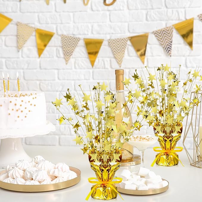 Crowye 6 Pcs Metallic Foil Spray Centerpiece Party Star Decoration Table Decor for Birthday Wedding Bachelorette Summer Party Holiday(Gold,Medium Star)