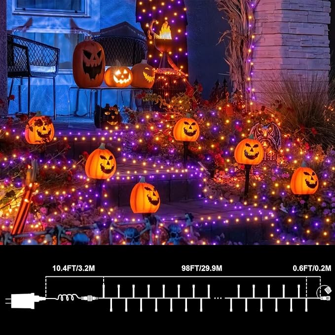 LAMPHOME Purple and Orange Halloween Lights, 99Ft 300LED Mini String Lights, Fairy Lights Connectable Christmas Tree Lights Decorations for Outdoor Indoor Patio Home Party Garden Yard Decor