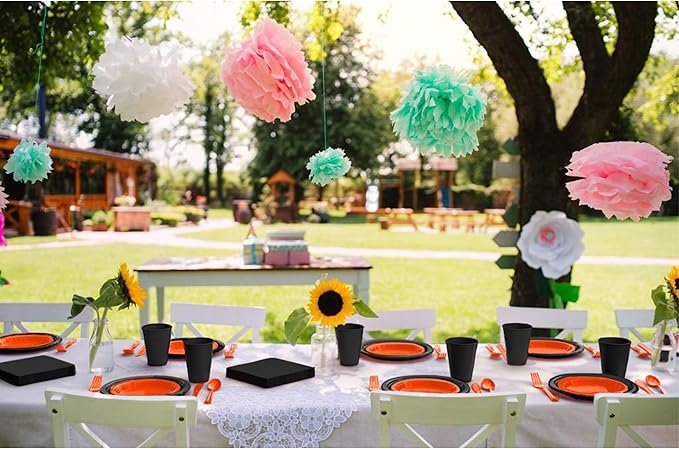 350 Pcs Orange & Black Plastic Plates For Party, Orange & Black Disposable Plates Set, 50 Of Each 9" Dinner Plate Set, 7" Dessert Plate, Cups, Napkins & Cutlery Plastic Dinnerware Set Exquisite