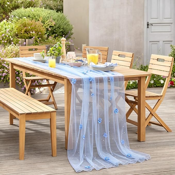 BINBE 4pcs Flower Pearl Table Runner Spring Summer Rustic Boho 10ft Tulle Table Runner for Baby Shower Wedding Veil Holiday Dessert Table Decor Blue