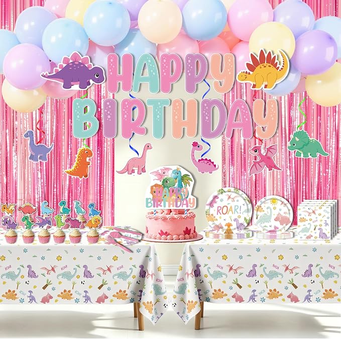 266PCS Dinosaur Party Birthday Decorations - Party Supplies Included Foil Fringe, Banner, Tablecloth, Hanging Swirls, Cupcake Toppers, Tableware, Paper Towel, Latex Balloons (Dinosaur-1)