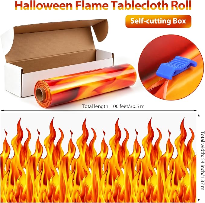 Kochorie 100 Ft x 54 Inch Halloween Flame Party Tablecloth Roll with Cutter Box Waterproof Plastic Fake Fire Table Cover for Halloween Campfire Party Supplies Decorations