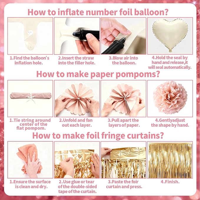 Dusty Pink Birthday Decorations Rose Gold Pink Beige Balloons Happy Birthday Banner Cake Topper Fringe Curtain Paper Pom Poms Butterfly Sticker Blush White Cream Heart Star Foil Party Girls Women