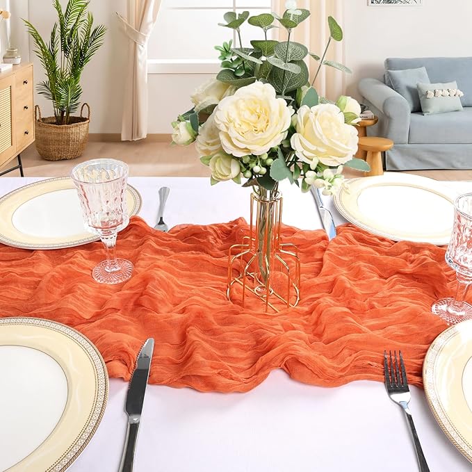 12 Pack 10FT Orange Cheesecloth Table Runner 120 Inch Long Gauze Rustic Boho Spring Cheese Cloth Table Runner Sheer Fabric Decorations for Holiday Party Wedding Banquet Bridal Baby Shower Décor