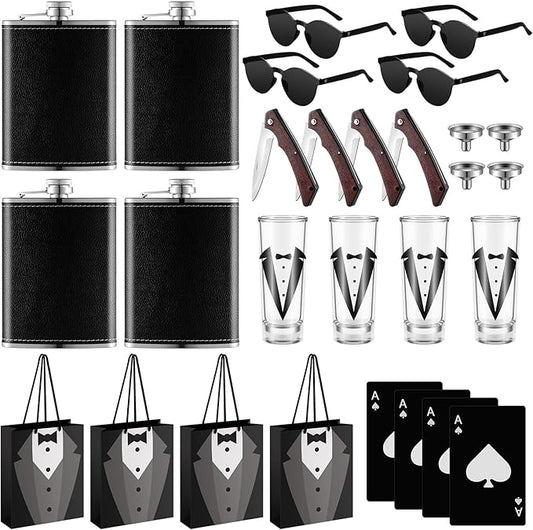 Tioncy 24 Pcs Groomsmen Proposal Gift 4 Engraved Pocket Knife 4 Groomsmen Gift Bags 4 Shot Glasses with Tuxedos 4 oz Stainless Steel Hip Flask 4 Poker Card Bottle Opener 4 Sunglasses