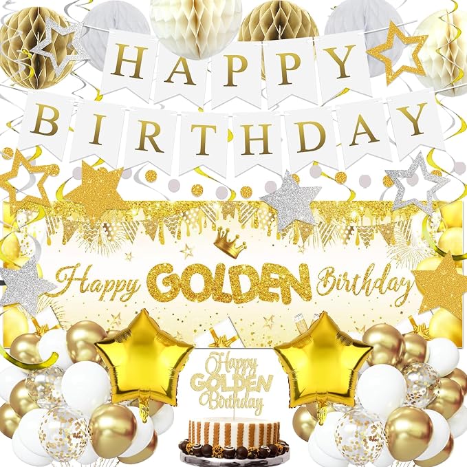 Golden Birthday Party Decorations, Happy Birthday Banner, Backdrop, Balloons, Honeycomb Balls, Star Foil Balloons, Stars Hanging Swirls & Cake Topper for Baby Boys Girl Men Women Birthday Decoration