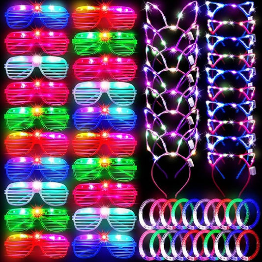 Elcoho 60 Pieces Glow in the Dark Party Supplies LED Light Up Toy Party Favors Includes 20 LED Shutter Glasses, 20 Glow Headbands, 20 LED Glow Bracelets, Neon Party Favors for Glow Party, Birthday