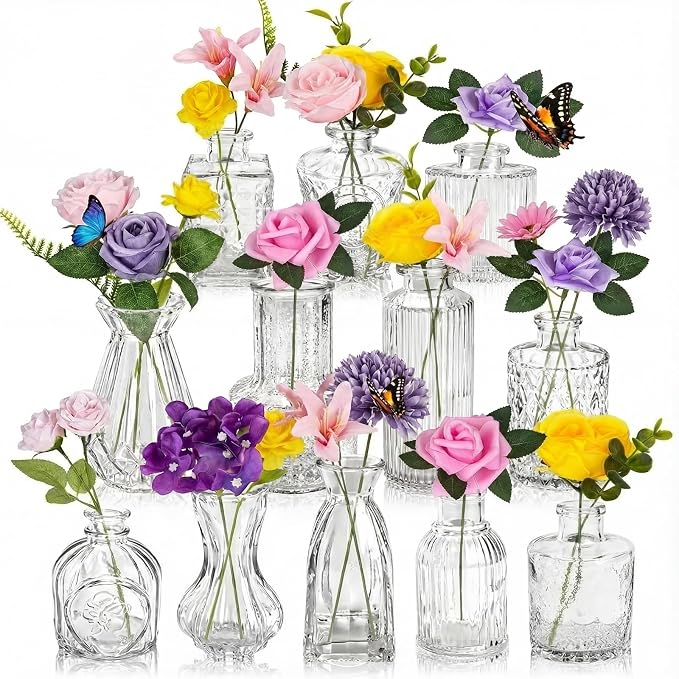 36 Pcs Artificial Flowers Table Centerpiece with Vases Colorful Wildflower Centerpieces Silk Flower Arrangement for Wedding Baby Shower Table Centerpieces Party(Elegant Grace,Clear)