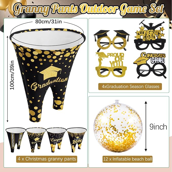 Graduation Party Games, 21 Pcs Granny Pants Outdoor Game Set, Giant Graduation Pants with Pump, Bouncy Balls & Novelty Glasses, Toss Game for High School College Class of 2026 Party