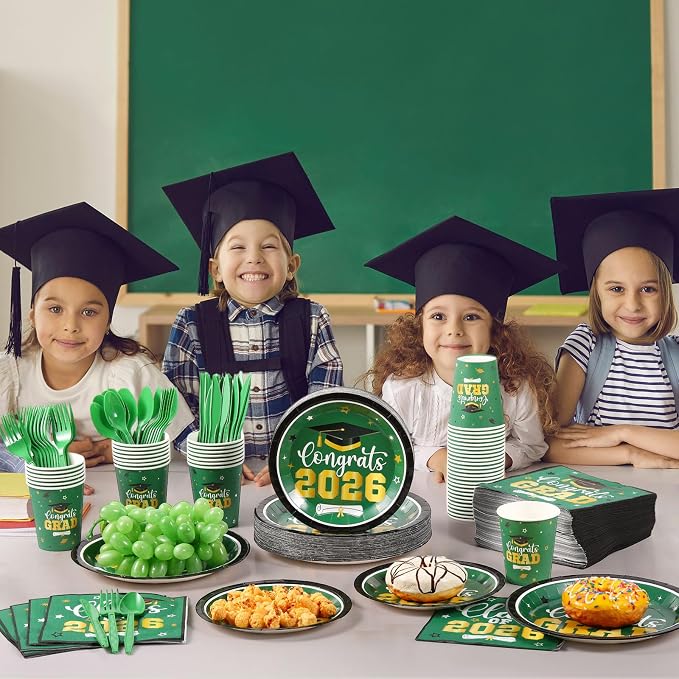 Funnymoom 400 Pcs Graduation Party Supplies Class of 2026 Graduation Paper Plate Napkin Cup Cutlery Congrats Grad Disposable Tableware Set for Grad Party Decorations, Serve 50(Green)