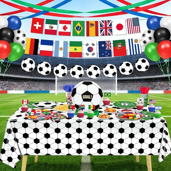 Soccer Birthday Party Decorations Includes Plates, Napkins, Cups, Banner, Hanging Swirls, Tablecloths, Balloons, Cupcake Toppers for 2026 Soccer Party Decorations, Serves 24